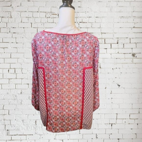 Zac & Rachel Red, White and Black Long Sleeve Peasant Blouse with Split V Neck - Picture 3 of 7